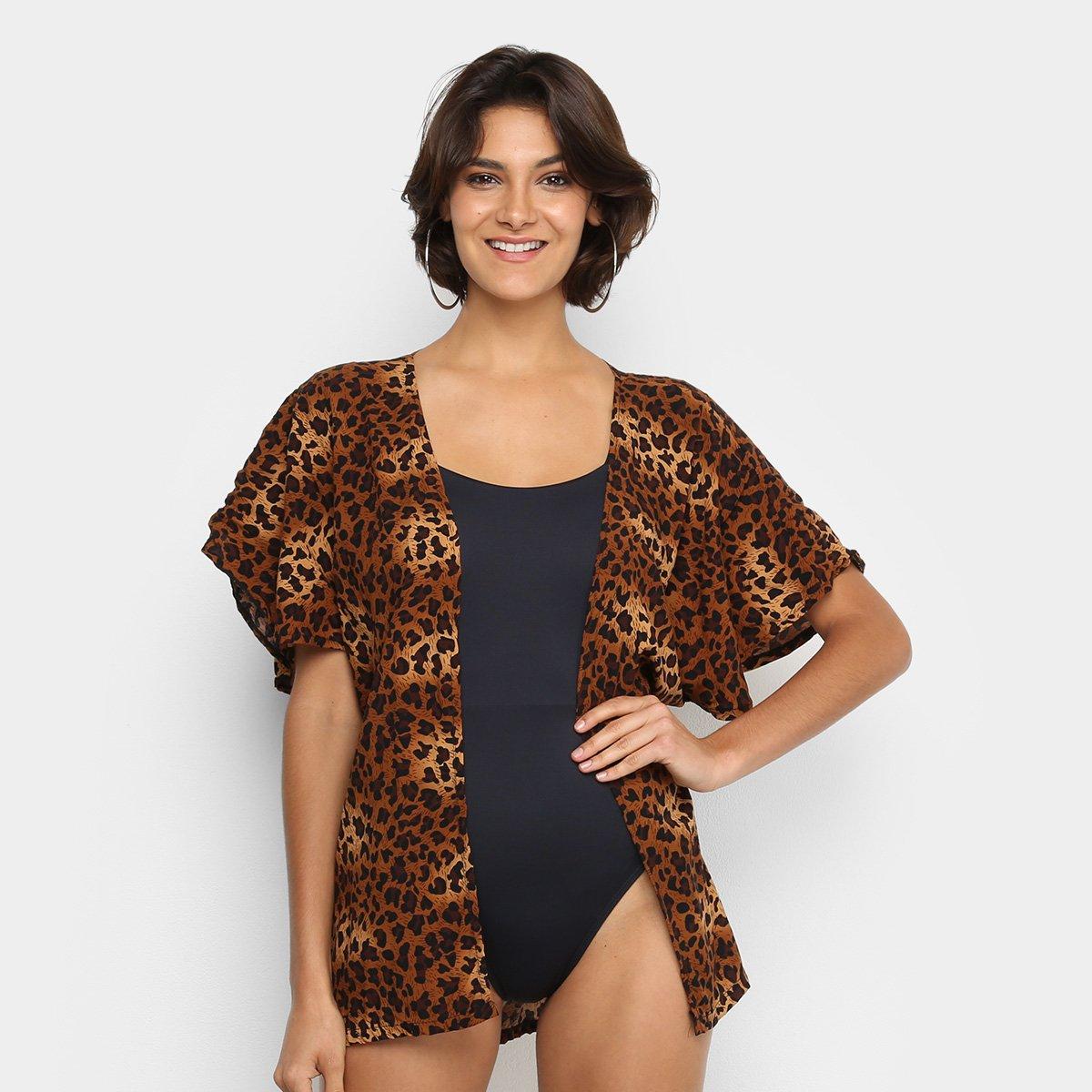 Camisa Saída de Praia Flora Zuu Animal Print Onça Feminina - 1