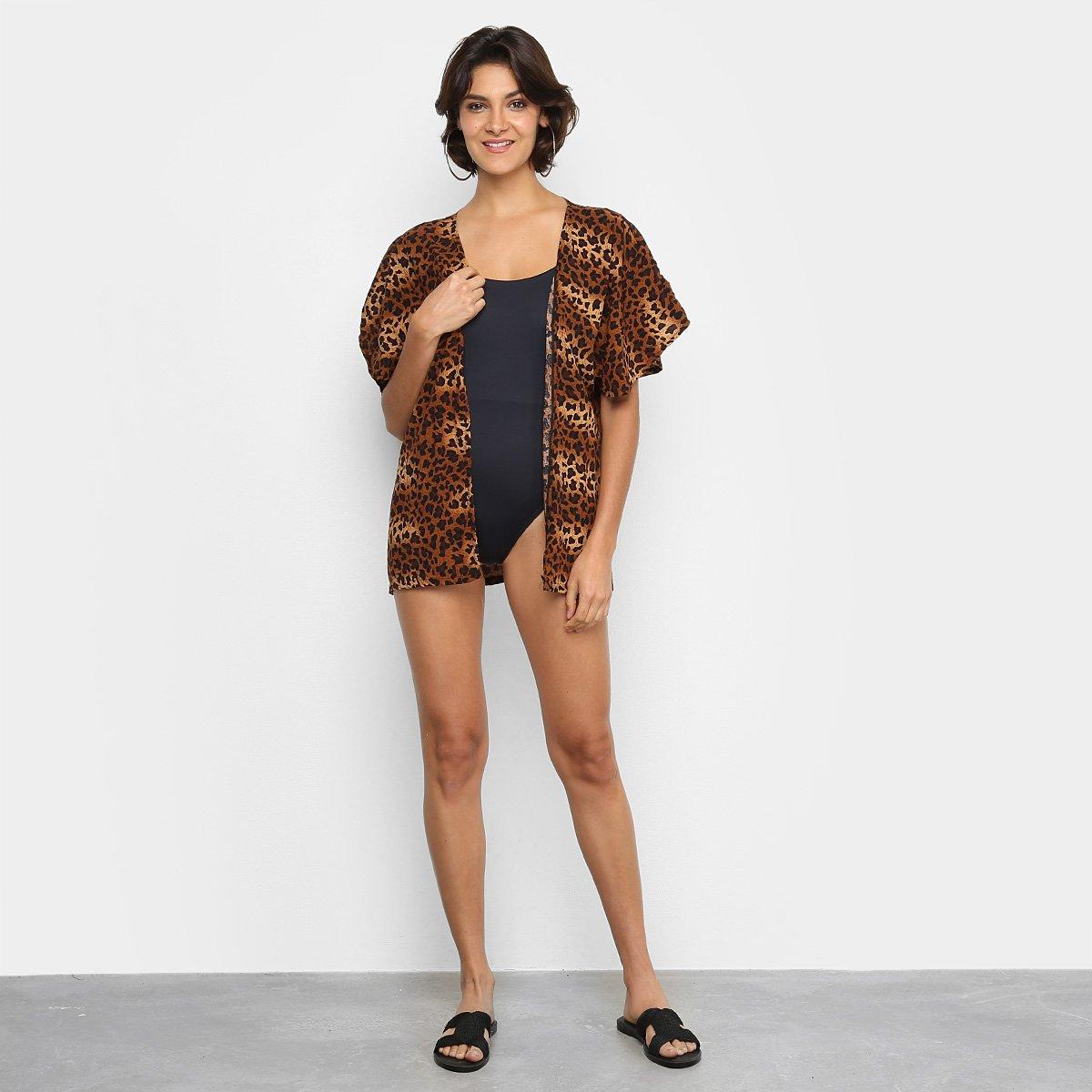 Camisa Saída de Praia Flora Zuu Animal Print Onça Feminina - 3
