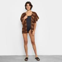 Camisa Saída de Praia Flora Zuu Animal Print Onça Feminina - 3