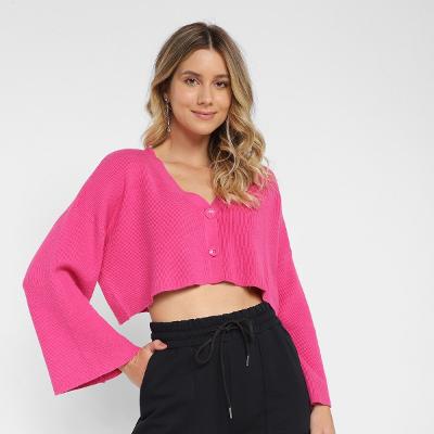 Cardigan Cropped Dzarm Tricô Feminino