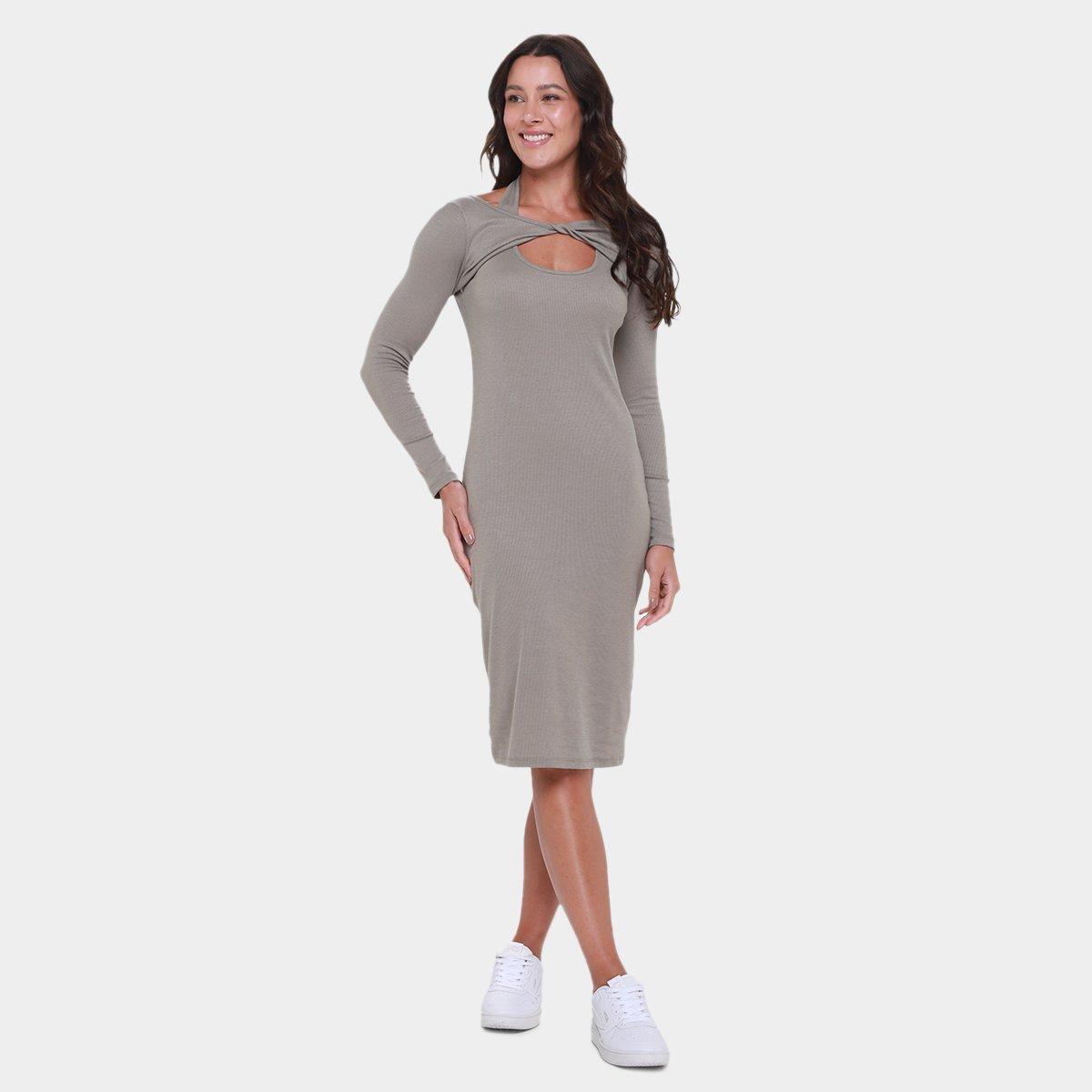 Vestido Shioo Tubinho Midi Manga Longa Canelado - 1