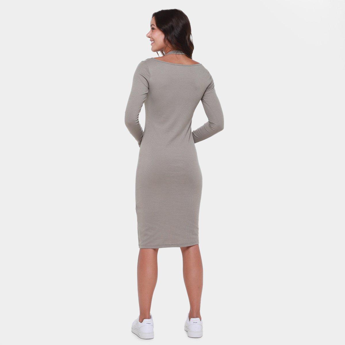 Vestido Shioo Tubinho Midi Manga Longa Canelado - 2