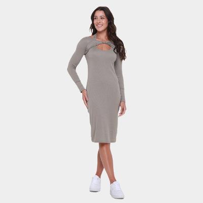 Vestido Shioo Tubinho Midi Manga Longa Canelado