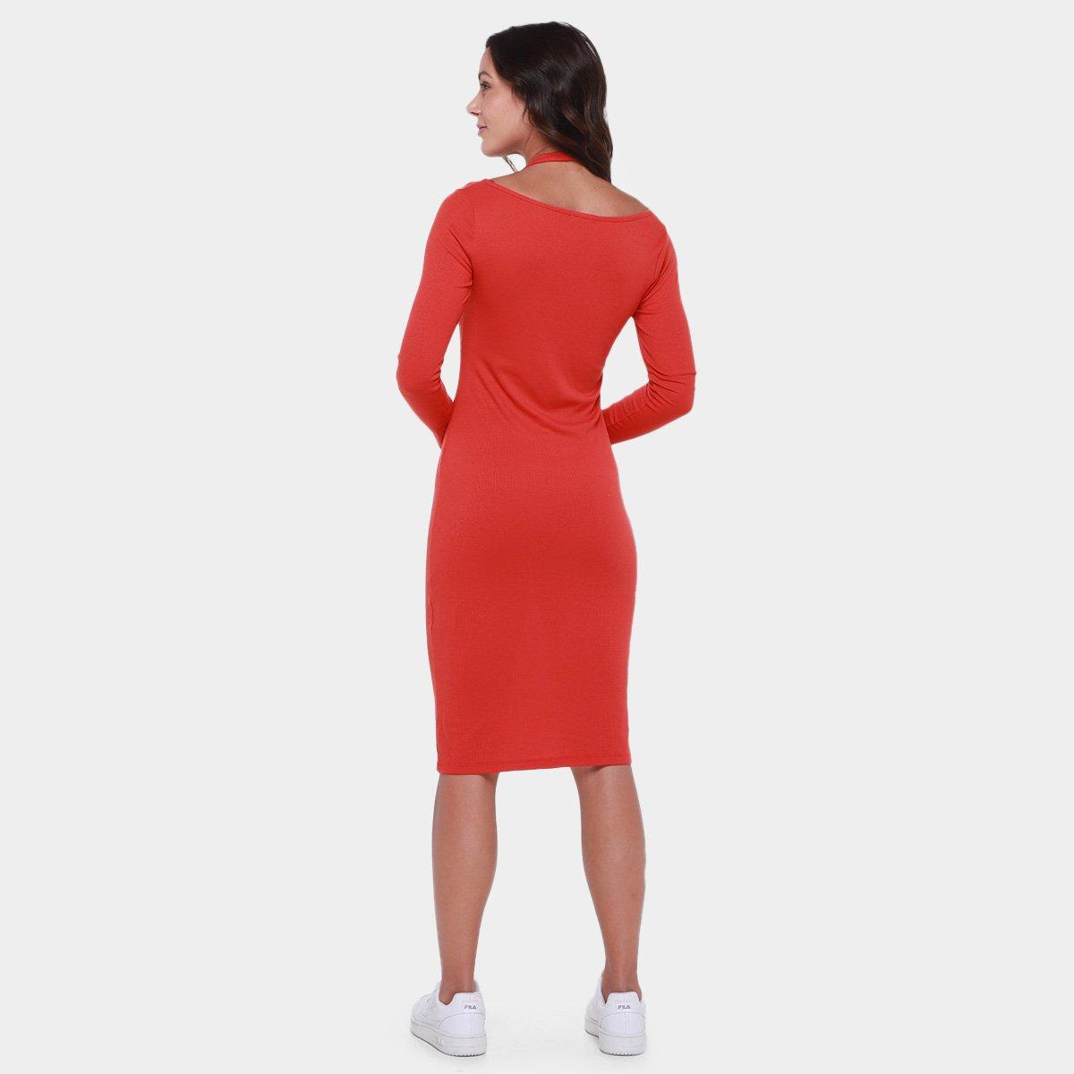 Vestido Shioo Tubinho Midi Manga Longa Canelado - 2