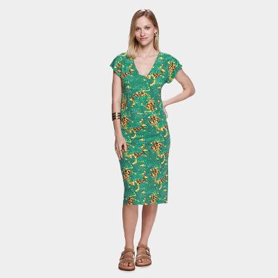 Vestido Volare Tubinho Midi Decote V Manga Japonesa