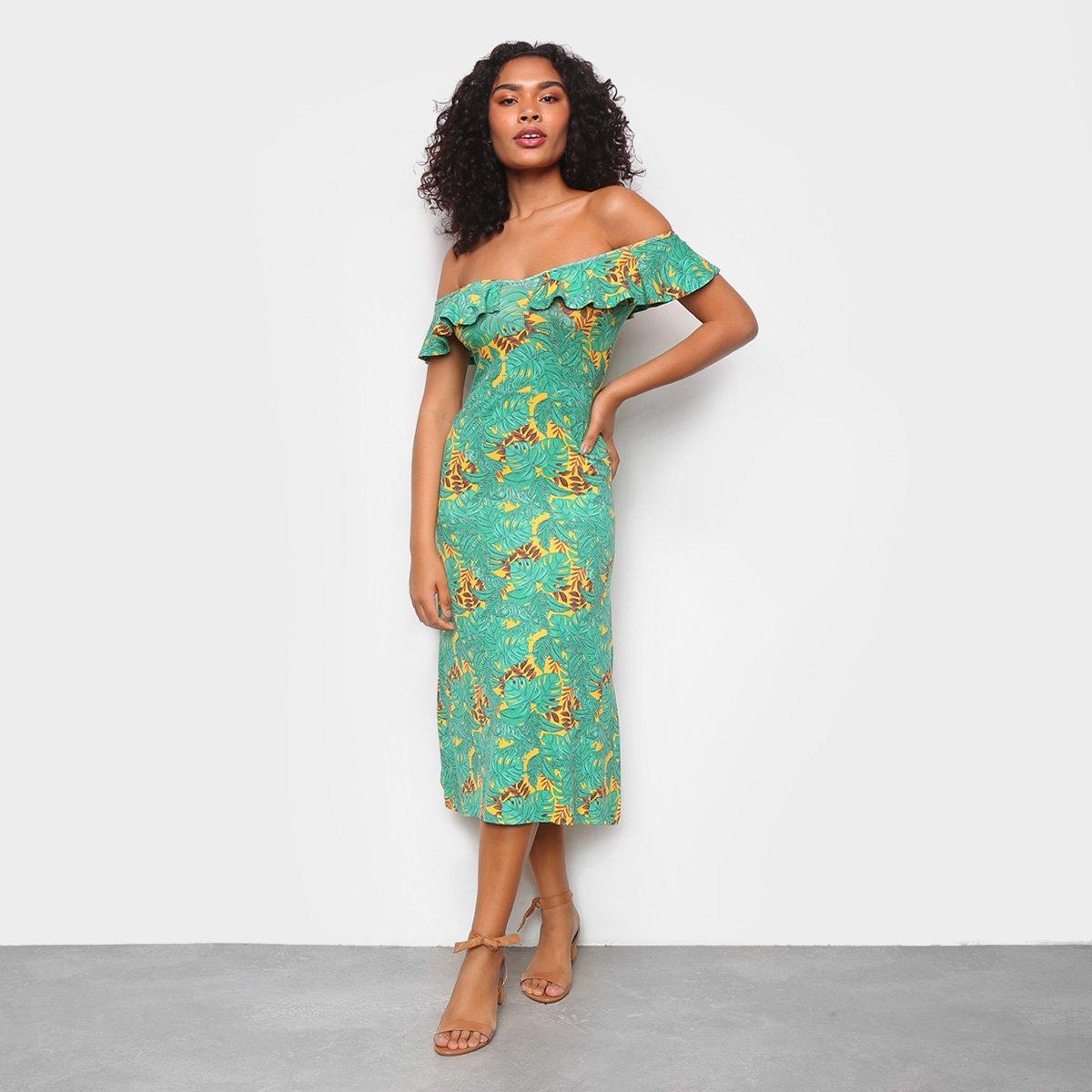 Vestido Volare Evasê Midi Decote V Babados - 1