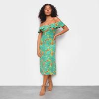 Vestido Volare Evasê Midi Decote V Babados - 1