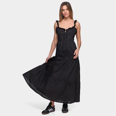 Vestido Oh, Boy! Evasê Longo Babado Alça