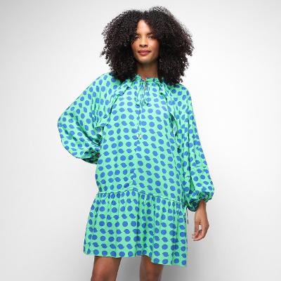 Vestido Curto Animale Pois Flash Lazuli Manga Bufante Feminino