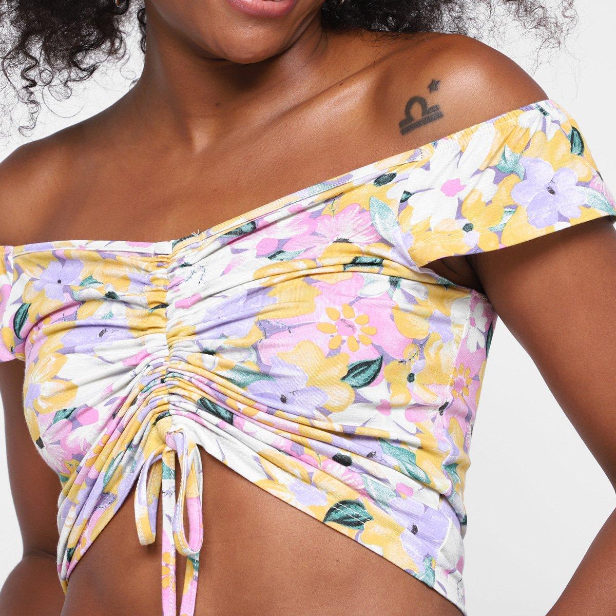 Blusa Lecimar Cropped Ombro A Ombro Floral Feminina - 3