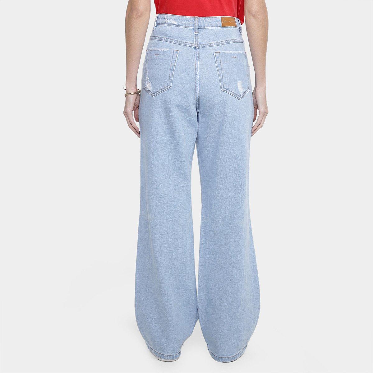 Calça Jeans Wide Leg Destroyed Cós Diferenciado Cintura Alta Feminina - 2