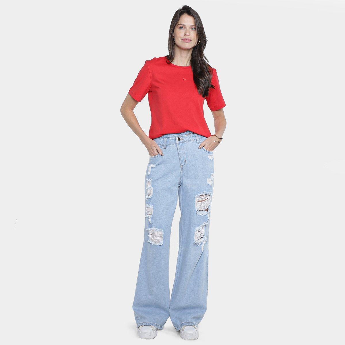 Calça Jeans Wide Leg Destroyed Cós Diferenciado Cintura Alta Feminina - 4