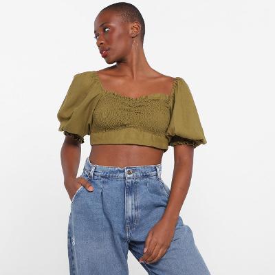 Top Farm Cropped Lastex Manga Bufante Feminino
