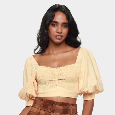 Top Farm Cropped Lastex Manga Bufante Feminino