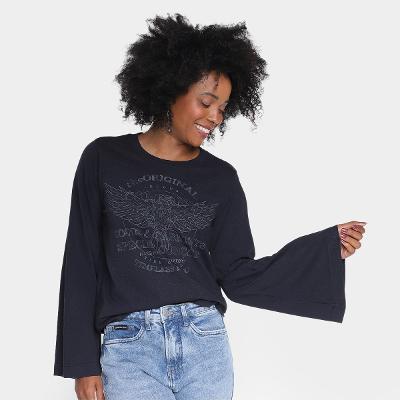 Camiseta Ellus Eagle Glitter Manga Longa Feminina